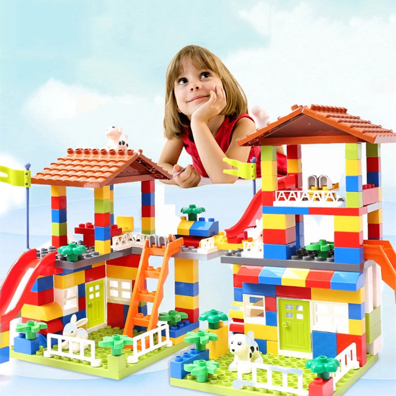 

Big Size Slide Building Blocks Toys Big Particle Roof Blocks Compatible Duploed City House Castle Brick Toys For Children