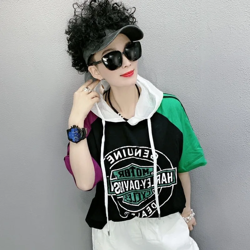 Funny Hoodies Women Short-sleeved Color Block Top Plus Size Hooded Casual Fashion T-shirt Ladies Hoodies and Sweatshirts
Funny Hoodies Women Short-sleeved Color Block Top Plus Size Hooded Casual Fashion T-shirt Ladies Hoodies and Sweatshirts