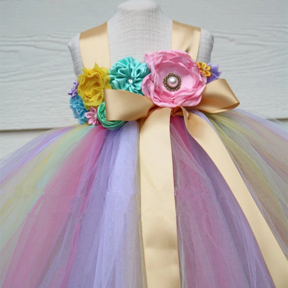 Пастельное Радужное платье-пачка с цветочным рисунком для девочек платье