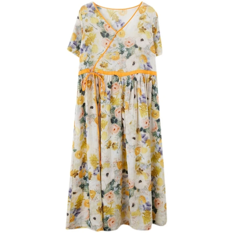 Chinese Oblique Placket Lace-up Linen Dress for Women Summer Short Sleeve Waist-Controlled Slimming Travel Holiday Swing Cotton 
Chinese Oblique Placket Lace-up Linen Dress for Women Summer Short Sleeve Waist-Controlled Slimming Travel Holiday Swing Cotton