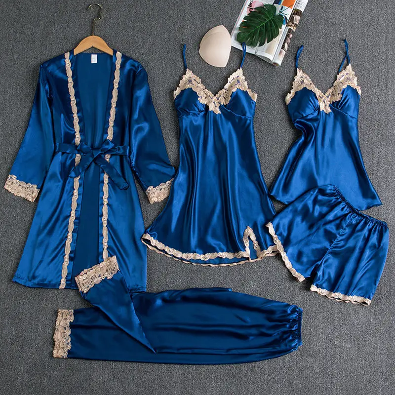 Sleepwear Female 5PCS Pajamas Set Satin Pyjamamas Lace Patchwork Bridal Wedding Nightwear Rayon Home Wear Nighty&Robe Suit
Sleepwear Female 5PCS Pajamas Set Satin Pyjamamas Lace Patchwork Bridal Wedding Nightwear Rayon Home Wear Nighty&Robe Suit