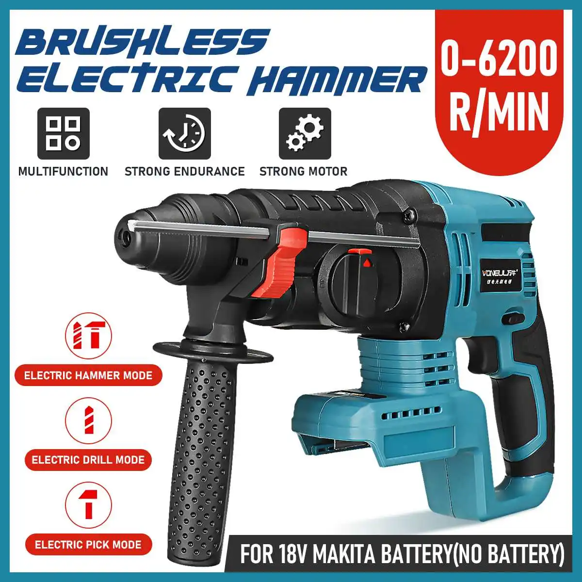 Drillpro 4 Function Brushless Cordless Electric Rotary Hammer Drill Rechargeable Hammer 26mm Impact Drill for 18V Makita Battery
Drillpro 4 Function Brushless Cordless Electric Rotary Hammer Drill Rechargeable Hammer 26mm Impact Drill for 18V Makita Battery