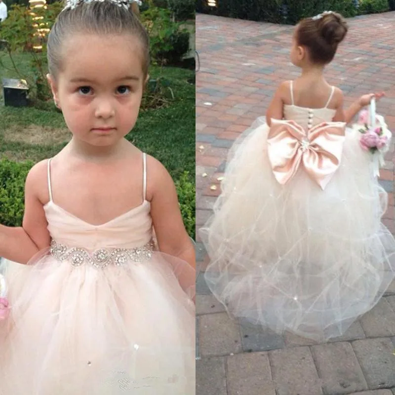 

Pageant Dresses For Girls Spaghetti Sleeveless Ivory Flower Girl Dresses Kids Ball Gowns Wedding Dress Sash Beading Belt