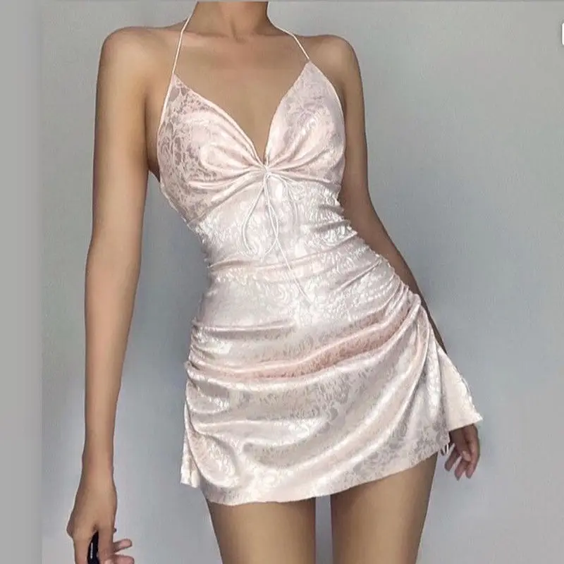

Женское сексуальное облегающее мини-платье на бретелях-спагетти, Розовое Платье трапециевидного силуэта, жаккардовые пляжные мини-платья