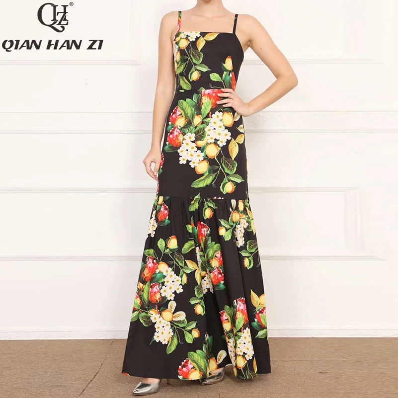 Qian Han Zi Runway Fashion Sexy Spaghetti Strap Maxi Dress Women's Lemon Flower Print Retro Slim Bodycon Mermaid Long Dress
Qian Han Zi Runway Fashion Sexy Spaghetti Strap Maxi Dress Women's Lemon Flower Print Retro Slim Bodycon Mermaid Long Dress