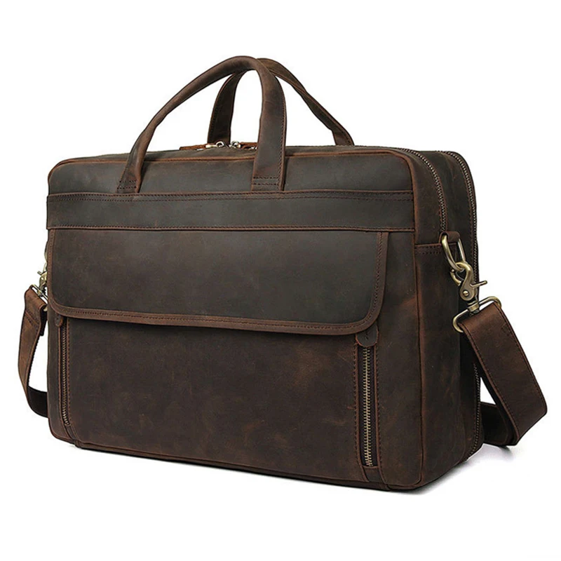

Large Capacity Genuine Leather 17 Inch Briefcase Flap Double Layer Men Vintage Big Cowhide Laptop Shoulder Bag Dark Brown