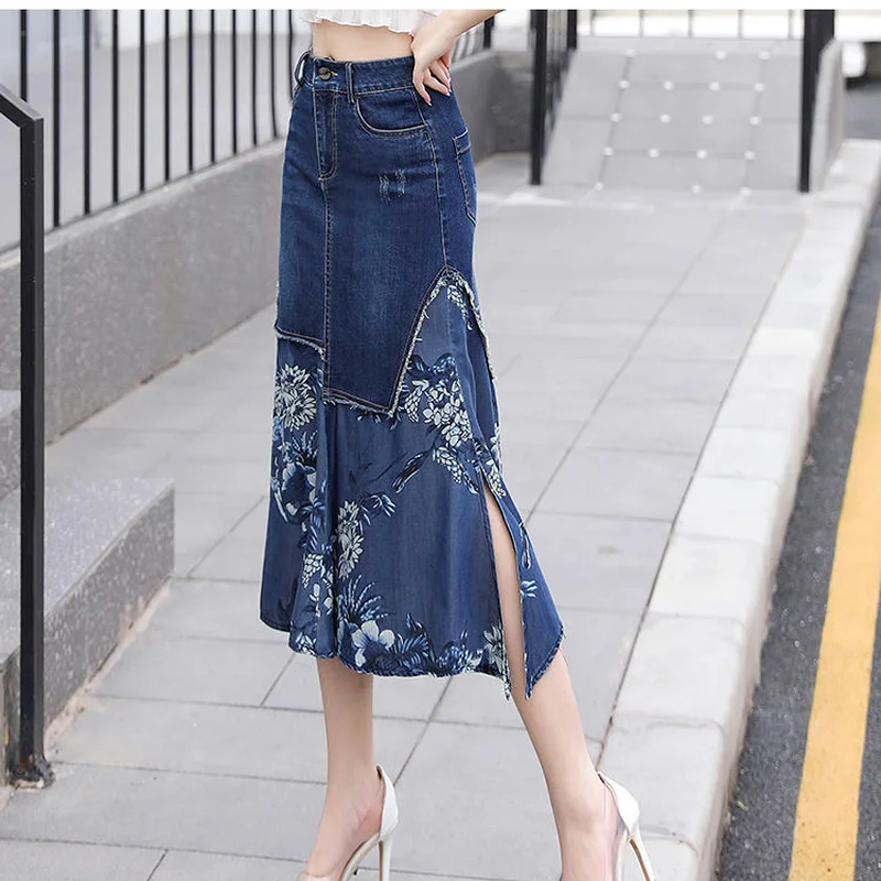 Spring Summer Women Fashion High Street Vintage Stitching Floral Denim Skirt High Waist Calf-length Long Skirts Jupe Femme Y937
Spring Summer Women Fashion High Street Vintage Stitching Floral Denim Skirt High Waist Calf-length Long Skirts Jupe Femme Y937