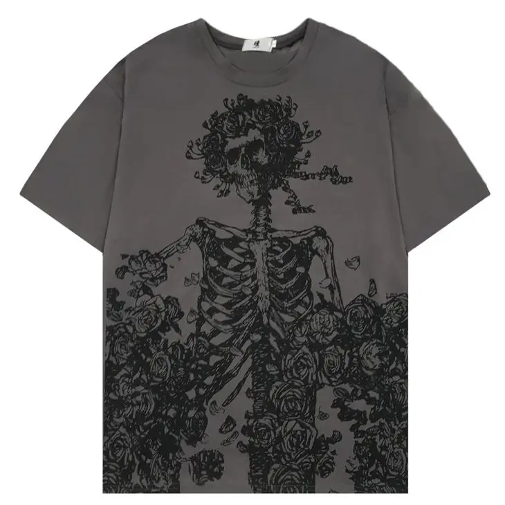 Summer Short-Sleeved T-Shirt Tops Dark High Street Gothic Punk Skull Rose Print Loose Short-Sleeved T-Shirt Men Women Streetwear
Summer Short-Sleeved T-Shirt Tops Dark High Street Gothic Punk Skull Rose Print Loose Short-Sleeved T-Shirt Men Women Streetwear
