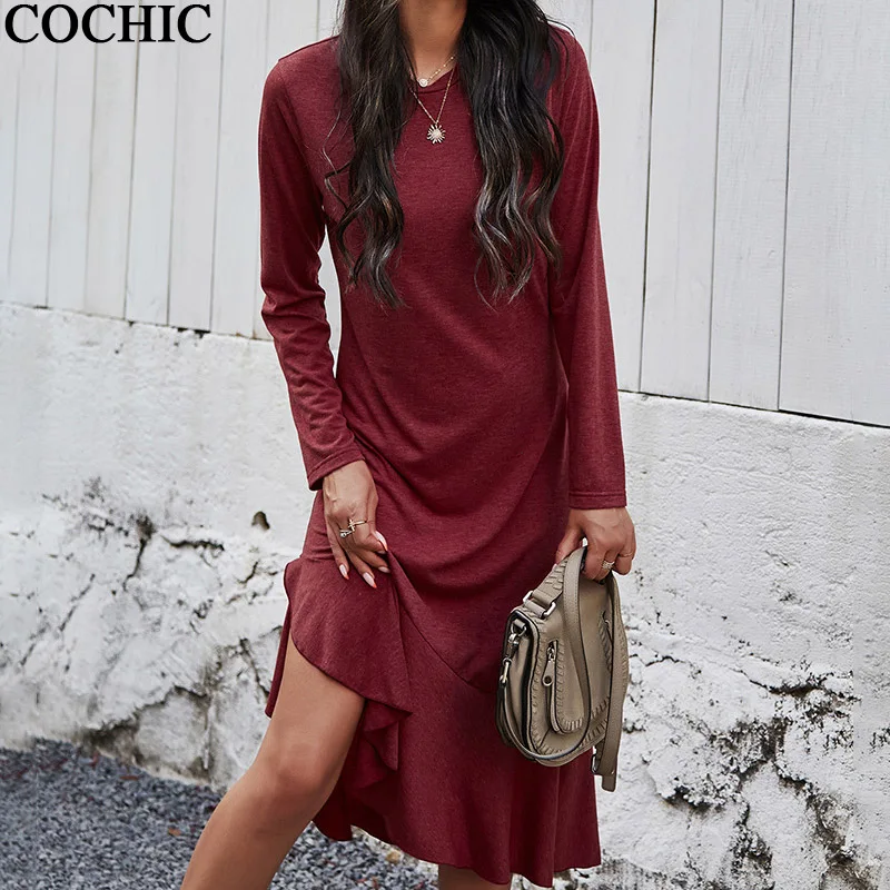 Spring Autumn O Neck Knit Women Dress Irregular Ruffles Hem Long Sleeve Wine Red Chic Dresses
Spring Autumn O Neck Knit Women Dress Irregular Ruffles Hem Long Sleeve Wine Red Chic Dresses