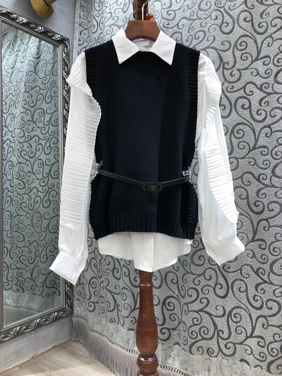 2020 autumn and winter new women's sleeveless vest top + lapel pleated fungus long sleeve top 2 piece set 1209
2020 autumn and winter new women's sleeveless vest top + lapel pleated fungus long sleeve top 2 piece set 1209