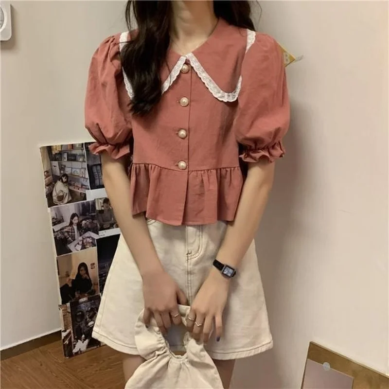 Shirts Women Summer Crop Top Lace-up Sweet French Girls Peter Pan Collar Kawaii n Ruffles Womens Blouses Puff Sleeve Trendy
Shirts Women Summer Crop Top Lace-up Sweet French Girls Peter Pan Collar Kawaii n Ruffles Womens Blouses Puff Sleeve Trendy
