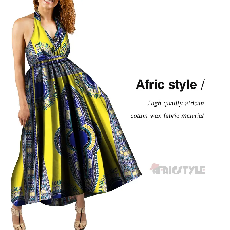 

2020 Afric Style 100% Wax Fabric Women Bell Bottom Dashiki Print African Style Casual Clubwear Party Long Dress wy5816