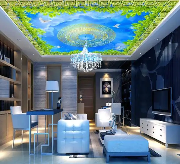 

Пользовательские 3D обои для потолка 3d украшения дома гостиной спальни зеленый лист голубое небо 3D потолочные фрески 2020 papel parede 3d