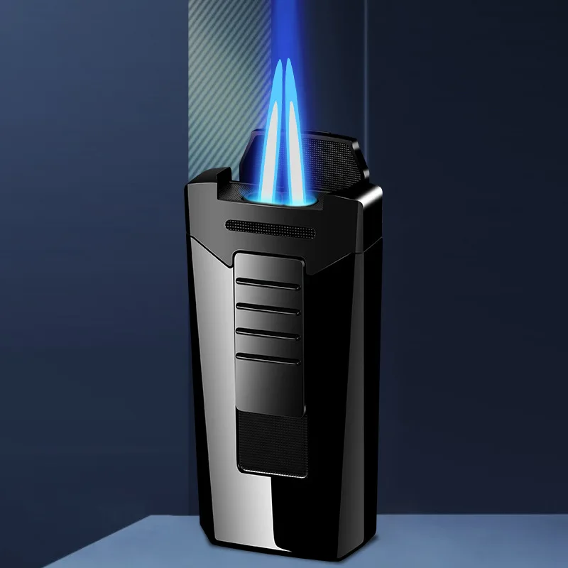 

Металлическая портативная ветрозащитная Зажигалка для сигар, 2 насадки, синее пламя, Бутановая Зажигалка, мощная турбо-струйная зажигалка, ...