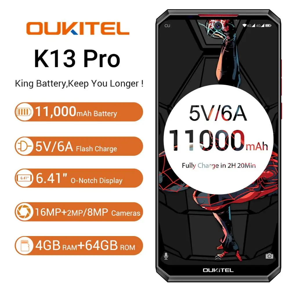 Смартфон OUKITEL K13 Pro NFC Android 9 0 быстрая зарядка 11000 мАч 6 41 дюйма 4 Гб + 64 ГБ MT6762 восемь