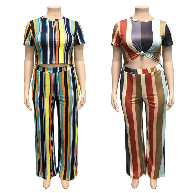 Hot Sale Fashion Women Colorful Striped Tracksuit Short Sleeves Crew Neck Tops+Casual Loose Wide Leg Pants Outfits 2021 Summer
Hot Sale Fashion Women Colorful Striped Tracksuit Short Sleeves Crew Neck Tops+Casual Loose Wide Leg Pants Outfits 2021 Summer