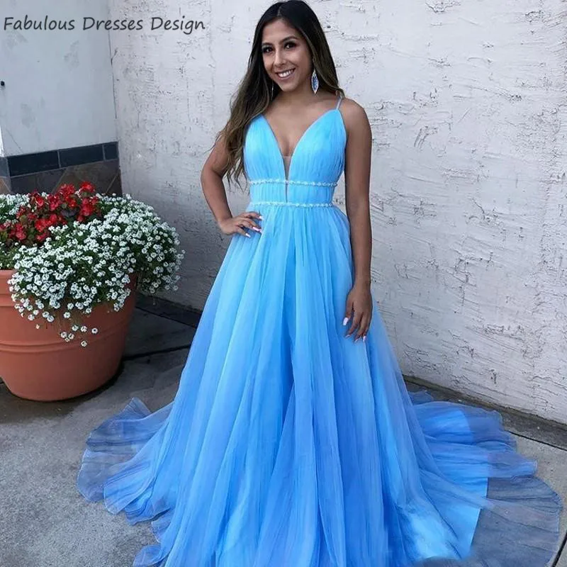2020 Blue A Line Prom Dresses V Neck Spaghetti Strap Long Evening Dress Party For Women Beaded Sweep Train Vestido De Festa
2020 Blue A Line Prom Dresses V Neck Spaghetti Strap Long Evening Dress Party For Women Beaded Sweep Train Vestido De Festa