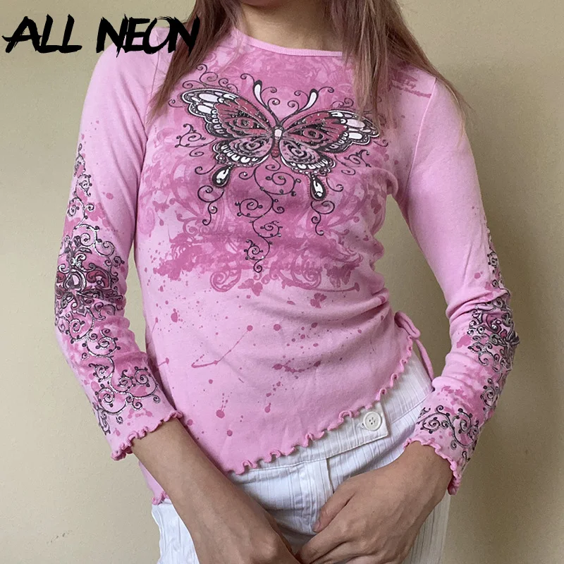ALLNeon 2000s Fashion Cute Butterfly Print Lettuce Trim Pink T-shirt Kawaii Y2K Streetwear Long Sleeve Drawstring Slit Crop Tees
ALLNeon 2000s Fashion Cute Butterfly Print Lettuce Trim Pink T-shirt Kawaii Y2K Streetwear Long Sleeve Drawstring Slit Crop Tees