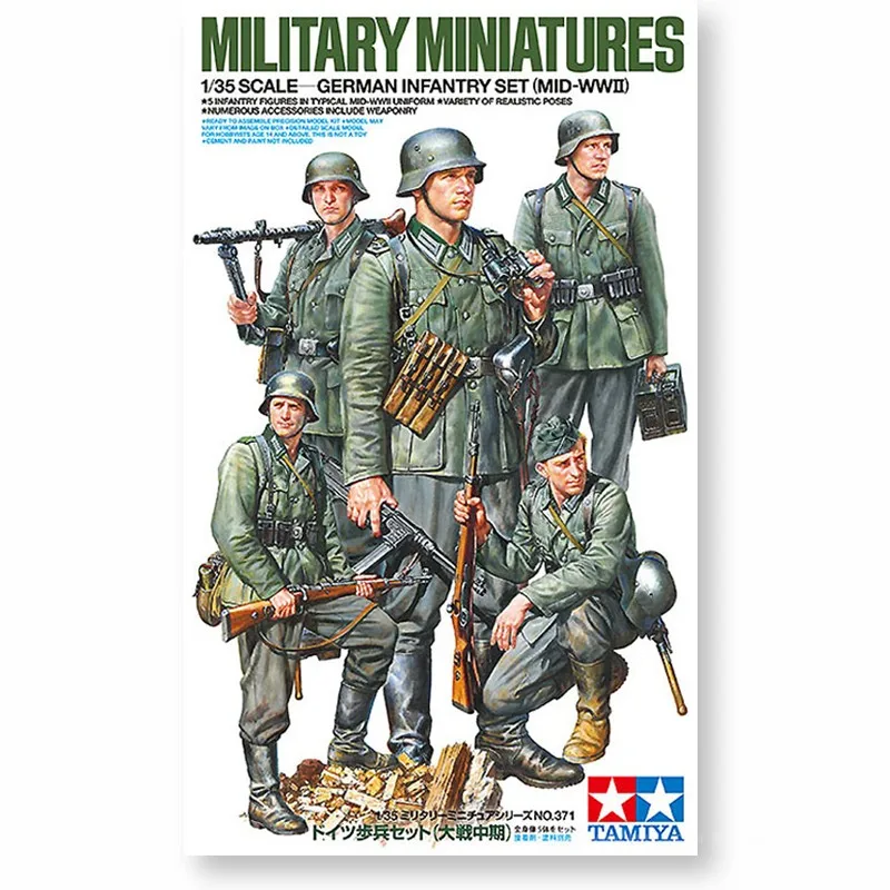 Пластиковая сборка Tamiya, модель 1/35 немецкой пехотной группы, набор солдат средней войны, коллекция для взрослых, набор для сборки своими руками, 35371
Пластиковая сборка Tamiya, модель 1/35 немецкой пехотной группы, набор солдат средней войны, коллекция для взрослых, набор для сборки своими руками, 35371