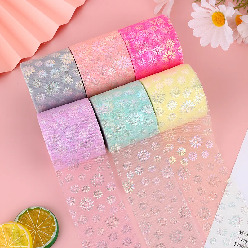 

6cm 8cm 25Yards Glitter Iridescent Daisy Flower Ribbon Tulle Mesh Fabric Baby Shower Tutu Skirt Organza Wedding Party Decoration