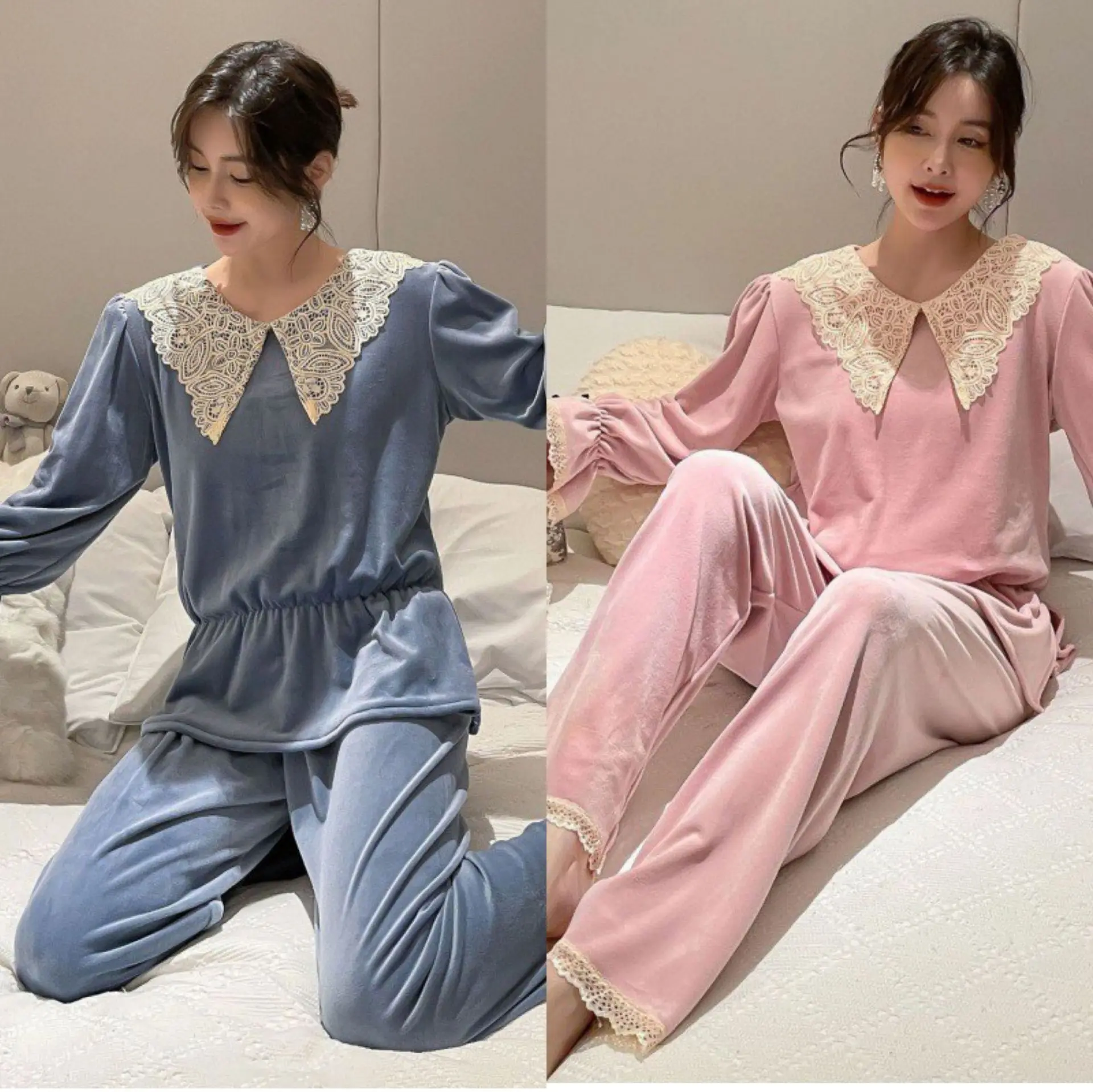 Cute Pater Pan Collar Women Pajamas Sets Long Flare Sleeve Pyjamas Suit Sleepwear Lace Nightwear Autumn Lounge 2PCS Home Wear
Cute Pater Pan Collar Women Pajamas Sets Long Flare Sleeve Pyjamas Suit Sleepwear Lace Nightwear Autumn Lounge 2PCS Home Wear