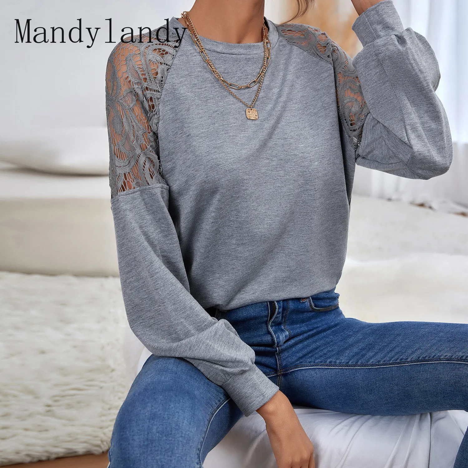 Mandylandy, осенняя модная свободная футболка с длинным рукавом и круглым вырезом, Женская Повседневная Однотонная футболка с вырезами и кружев...
Mandylandy, осенняя модная свободная футболка с длинным рукавом и круглым вырезом, Женская Повседневная Однотонная футболка с вырезами и кружев...