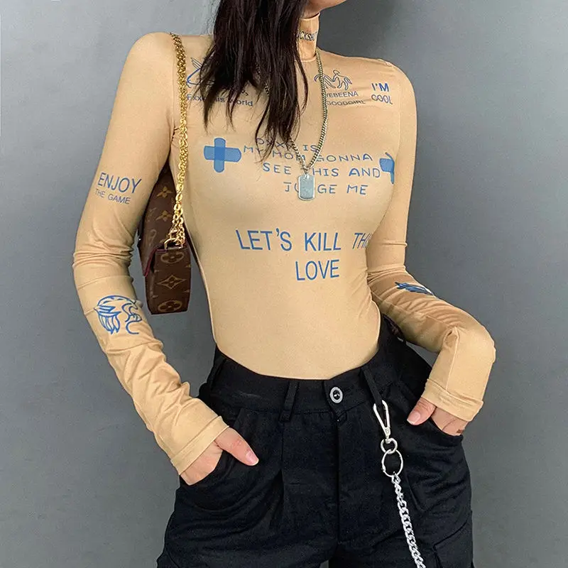 Printed lettered T-shirt women's high neck close waist slim tight base one-piece top
Printed lettered T-shirt women's high neck close waist slim tight base one-piece top