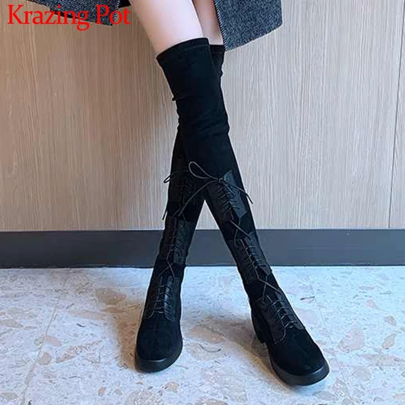 Krazing Pot hot high street fashion cow leather stretch flock round toe high heels chic lace up winter over-the-knee boots L32
Krazing Pot hot high street fashion cow leather stretch flock round toe high heels chic lace up winter over-the-knee boots L32