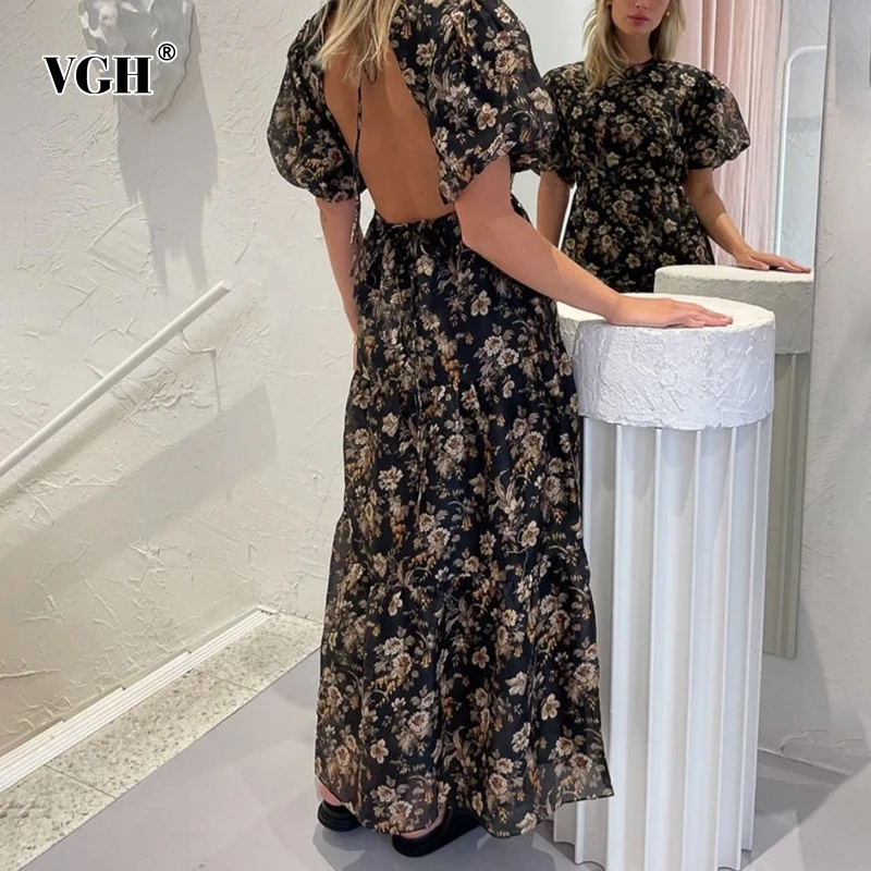 VGH Vintage Print Floral Dress For Women O Neck Puff Short Sleeve High Waist Backless Lace Up Midi Dresses Female Summer Fashion
VGH Vintage Print Floral Dress For Women O Neck Puff Short Sleeve High Waist Backless Lace Up Midi Dresses Female Summer Fashion