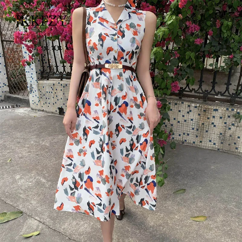 Oil Painting Summer Multicolor Romantic Floral Dress Woman Draw Back Chiffon Dress Sleeveless Suit Collar Buttons Belted Dress
Oil Painting Summer Multicolor Romantic Floral Dress Woman Draw Back Chiffon Dress Sleeveless Suit Collar Buttons Belted Dress