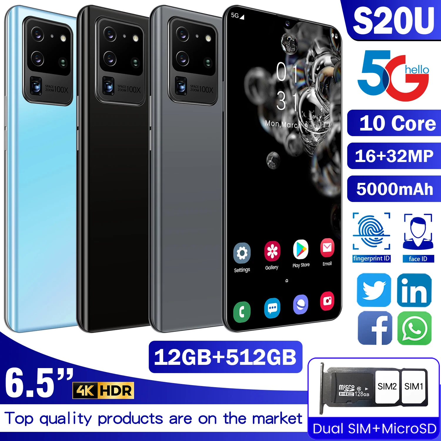 Factory Price S20U Global Version 6.6 Inch Screen Face ID 12GB 512GB MTK6889 Deca Core 16MP 32MP Camera Dual SIM Card TF Card
Factory Price S20U Global Version 6.6 Inch Screen Face ID 12GB 512GB MTK6889 Deca Core 16MP 32MP Camera Dual SIM Card TF Card