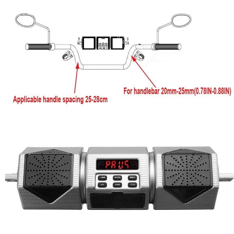 Motorcycle MP3 Bluetooth Player Waterproof Stereo Speaker Handlebar FM Radio with LED Display Silver
Motorcycle MP3 Bluetooth Player Waterproof Stereo Speaker Handlebar FM Radio with LED Display Silver