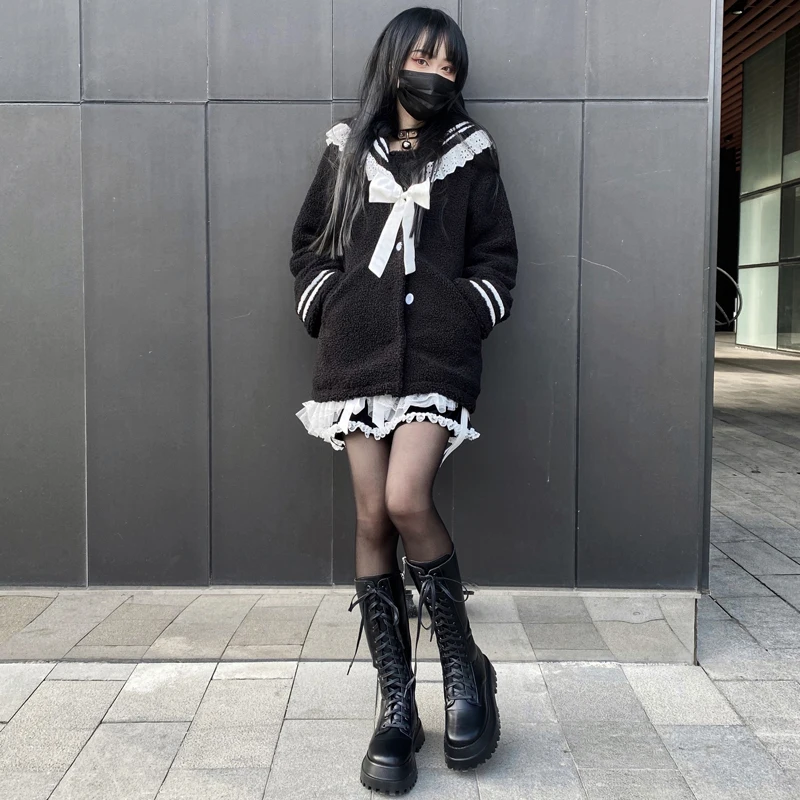 Ruibbit Harajuku милое пальто из овечьей шерсти на осень и зиму женское готическое