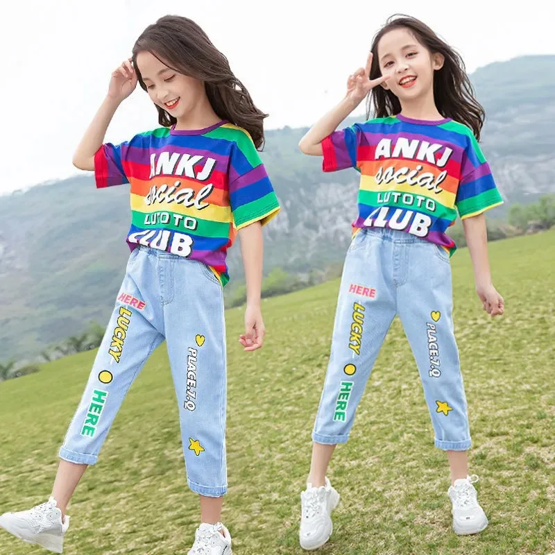 Girls Fashion Denim Pants Sets Summer Kids Short Sleeve Stripe T Shirt Suits Children's Jeans + Tees 2pcs Teenage Clothes
Girls Fashion Denim Pants Sets Summer Kids Short Sleeve Stripe T Shirt Suits Children's Jeans + Tees 2pcs Teenage Clothes