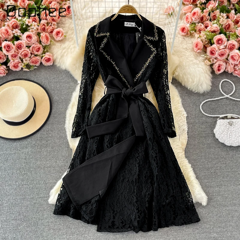 High-End Temperament Suit Collar Slim Fit Midi Suit Dresses Harajuku 2021 Autumn New Bandage Patchwork Lace Swing Dress Female
High-End Temperament Suit Collar Slim Fit Midi Suit Dresses Harajuku 2021 Autumn New Bandage Patchwork Lace Swing Dress Female