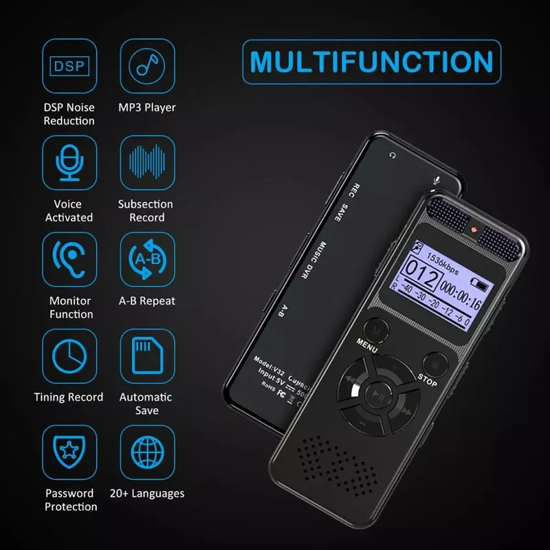 Portable Voice Recorder Dictaphone Voice Control Multi-language One-button Recording Noise Reduction 1536Kbps Voice Recorder
Portable Voice Recorder Dictaphone Voice Control Multi-language One-button Recording Noise Reduction 1536Kbps Voice Recorder