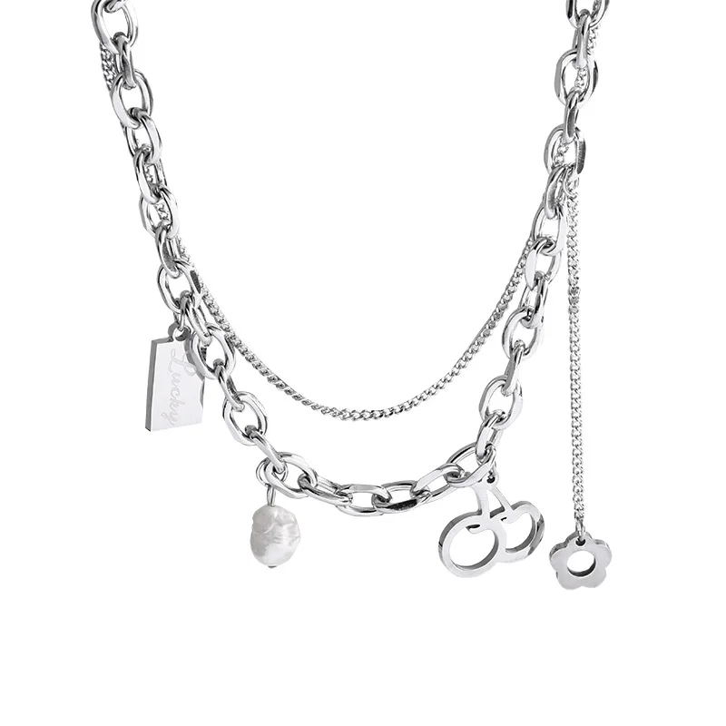 European and American hip hop double layer cherry pearl titanium steel necklace female fashion personality collarbone chain
European and American hip hop double layer cherry pearl titanium steel necklace female fashion personality collarbone chain