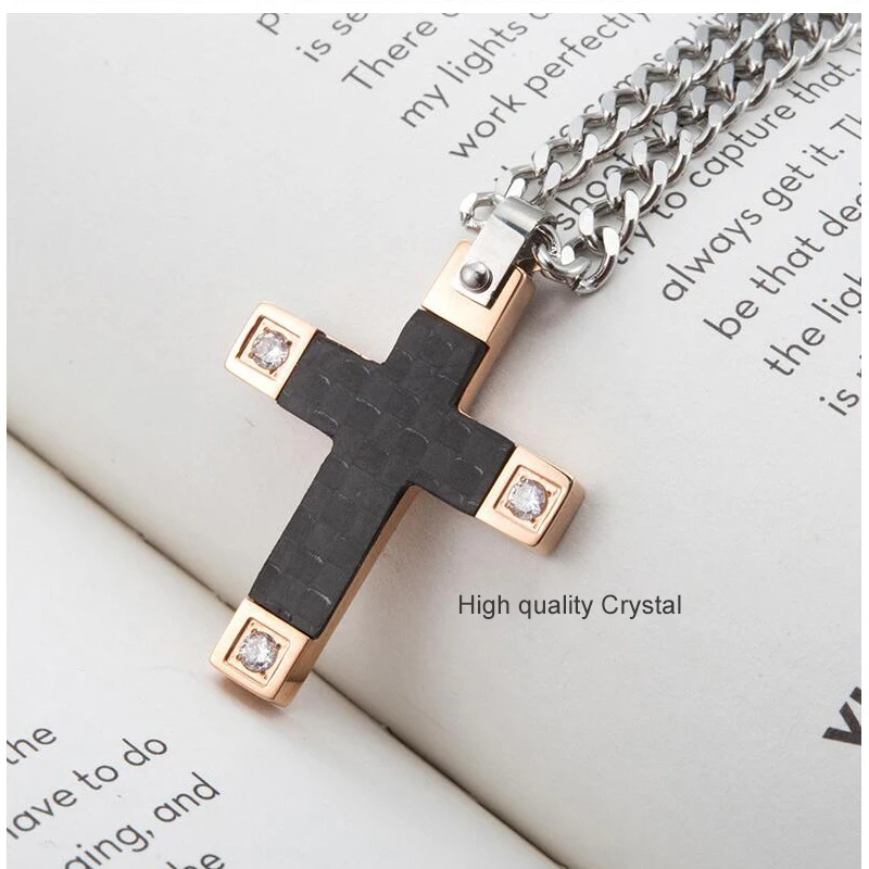 New Rose Gold Cross Titanium Steel Carbon Fiber Punk Pendant Rock Necklace with Crystal for Man Simple Christmas
New Rose Gold Cross Titanium Steel Carbon Fiber Punk Pendant Rock Necklace with Crystal for Man Simple Christmas