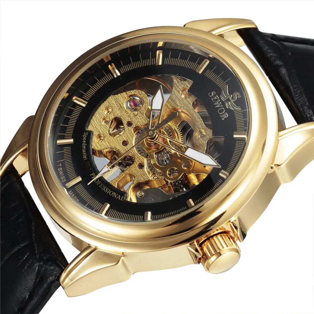 Новый SEWOR Бизнес Мода Скелет кожаные мужские часы Механическая рука Ветер