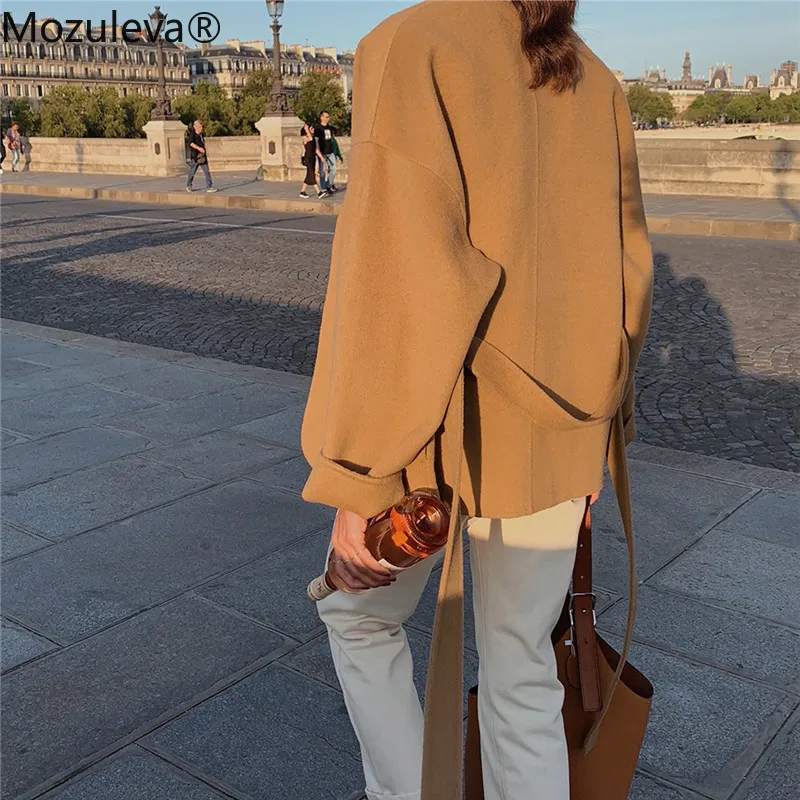 

Mozuleva 2022 New High Quality Double Sided Cashmere Coat Camel Color Warm with Belt and Packet Woolen Women's Coat for Winter