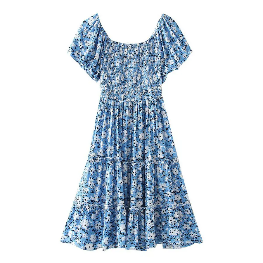 Summer Women Blue Flower Shirring Dresses Puff Short Sleeve Smocking Stitch A-Line One Piece Holiday Beach Robe Romantic Style 
Summer Women Blue Flower Shirring Dresses Puff Short Sleeve Smocking Stitch A-Line One Piece Holiday Beach Robe Romantic Style