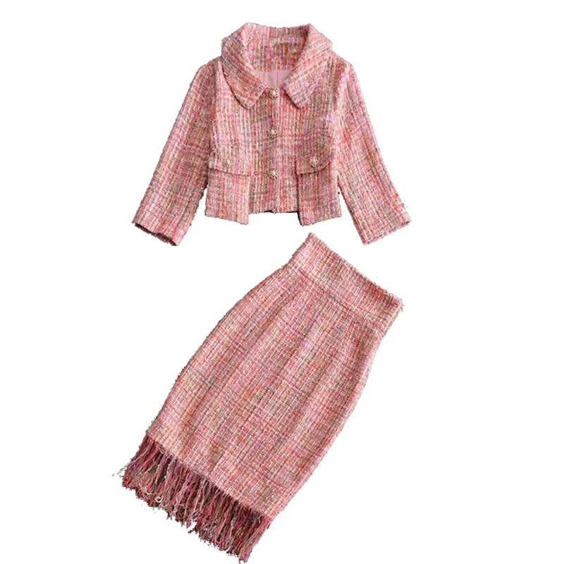 HIGH QUALITY 2021 Newest Fashion Two-Piece Suit Set Women's Pink Plaid Woolen Blend Short Jacket Bling Tassel Skirt Sets
HIGH QUALITY 2021 Newest Fashion Two-Piece Suit Set Women's Pink Plaid Woolen Blend Short Jacket Bling Tassel Skirt Sets