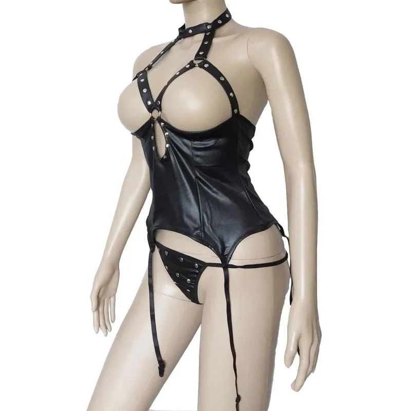 

Black Leather Look Women Sexy Open Breast Studded Corset Bustier with Garter Belt and Thong Mistress Fetish Teddies Costume