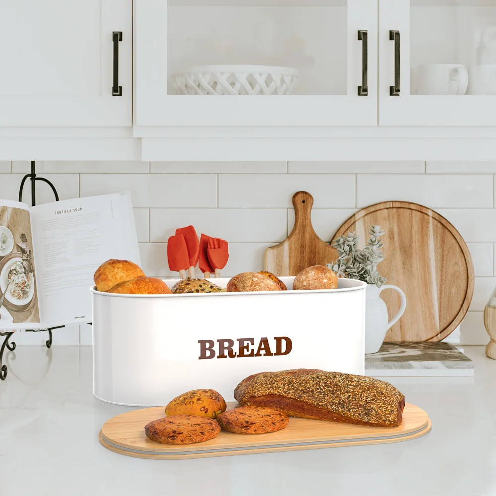 Cabilock Bread Storage Holder for Kitchen Countertop Metal Bread Box Organizer with Bamboo Lid (White)
Cabilock Bread Storage Holder for Kitchen Countertop Metal Bread Box Organizer with Bamboo Lid (White)