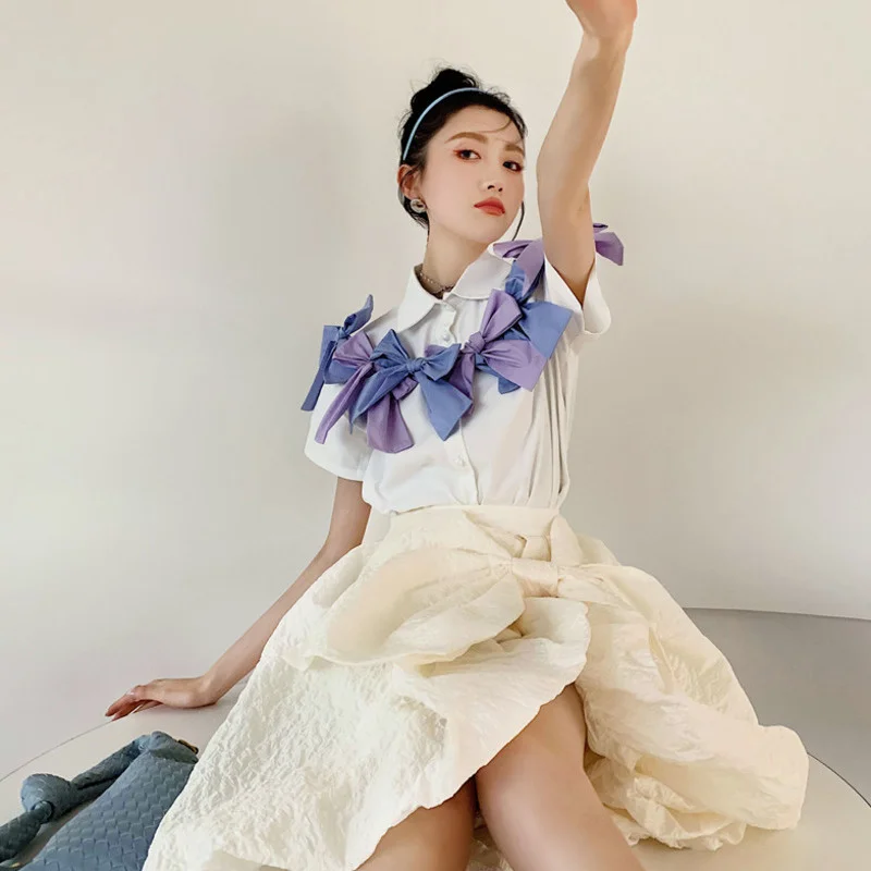 LANMREM New Women Shirt Short Sleeve Blue Purple Bow Patchwork Temperament Loose Fit Fashion Tide Summer 2021 2H853 
LANMREM New Women Shirt Short Sleeve Blue Purple Bow Patchwork Temperament Loose Fit Fashion Tide Summer 2021 2H853