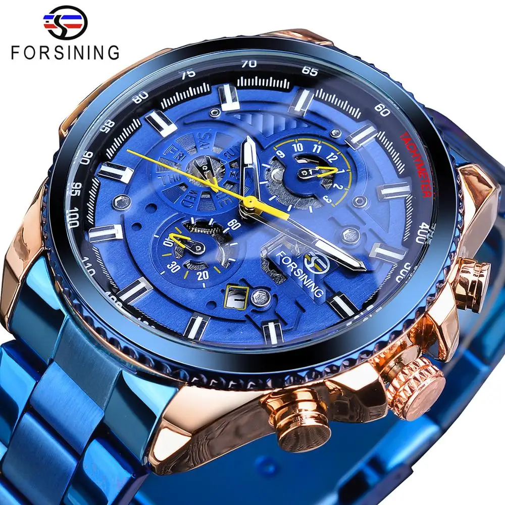 Forsining мужские наручные часы розовый золотой чехол синий нержавеющая сталь