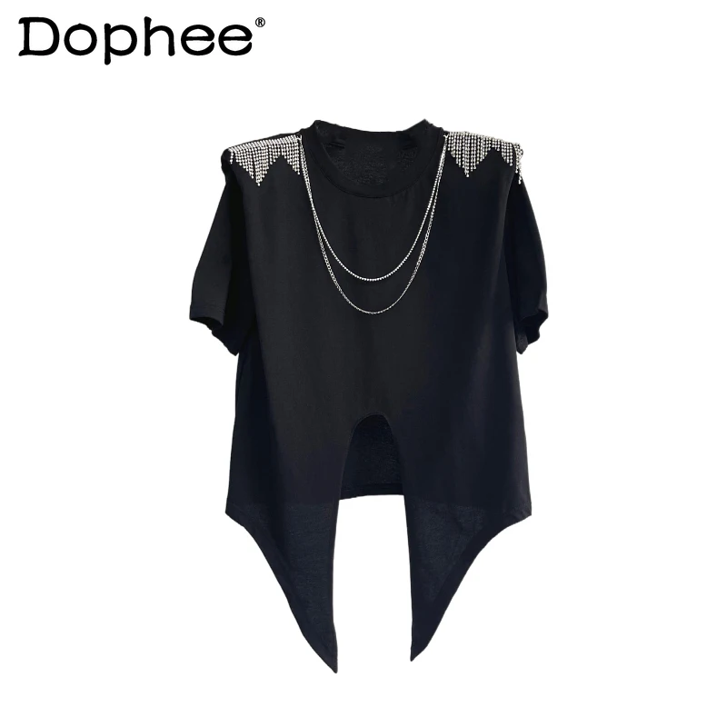 Женская футболка с круглым вырезом, белая или черная универсальная свободная футболка с кисточками и цепочкой со стразами, с коротким рукав...
Женская футболка с круглым вырезом, белая или черная универсальная свободная футболка с кисточками и цепочкой со стразами, с коротким рукав...