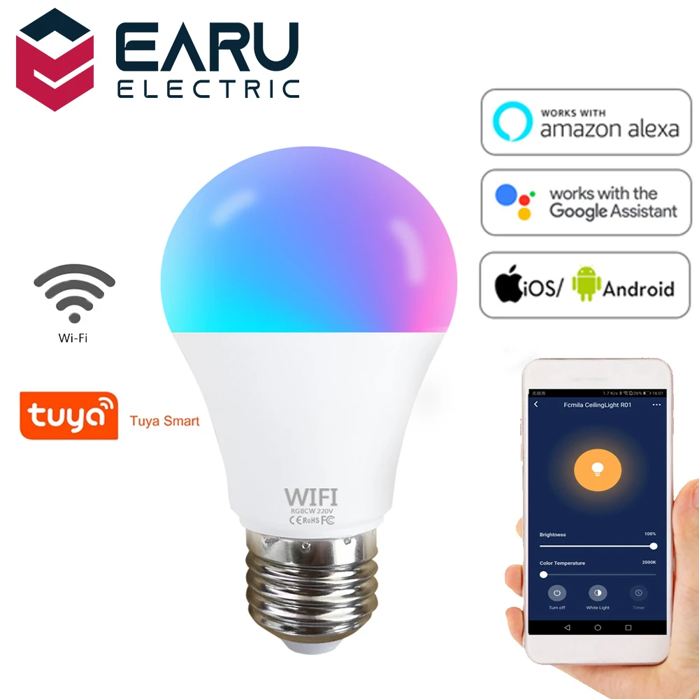 

Dimmable 15W B22 E27 WiFi Smart Light LED RGB Lamp TUYA App with Alexa Google Assistant Control Wake up Smart Lamp Night Light