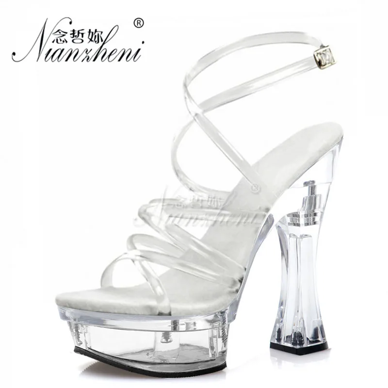 

Clear Crystal Hollow Narrow band Roman Women's Sandals 6 inches Super High heels Sexy Fetish 14cm Models Party Dress Small Size