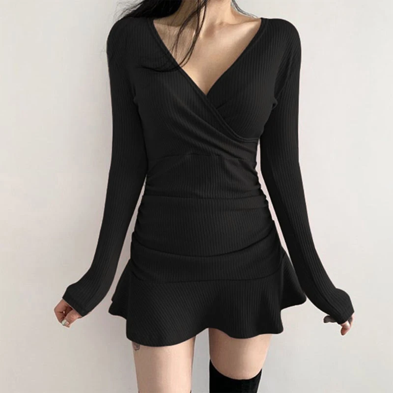Women Long Sleeve Cross V-Neck Ruffles Mini Slim Dress Solid Color Pleated Ruched High Waist Ribbed Basic Party Clubwear
Women Long Sleeve Cross V-Neck Ruffles Mini Slim Dress Solid Color Pleated Ruched High Waist Ribbed Basic Party Clubwear